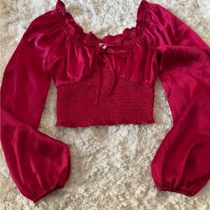 Altar'd State Red Smocked Puff Sleeve Crop Top